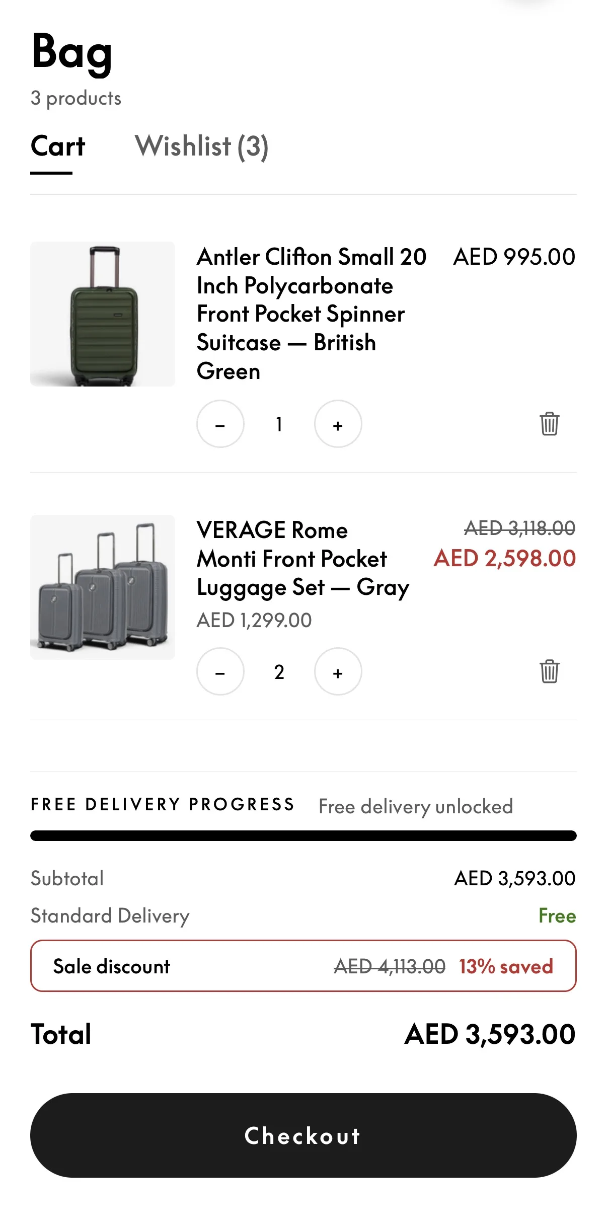 Travel Avenue mobile app shopping bag and checkout summary